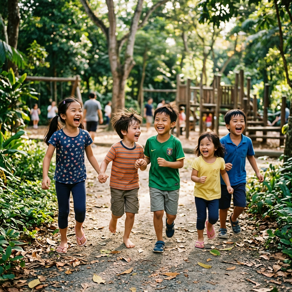 Five children running and laughing together on a path in a park